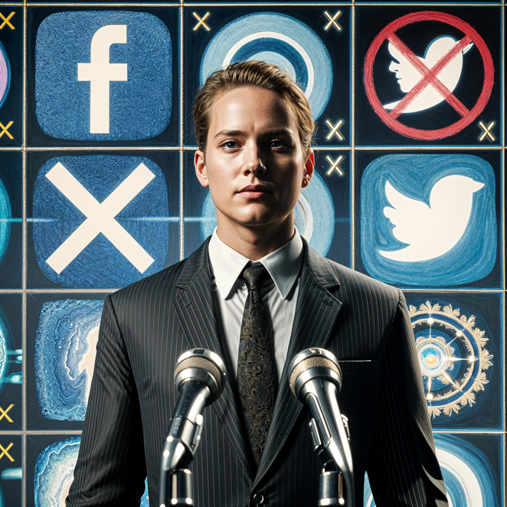 Australia amenaza con multas a gigantes de redes sociales que permitan la desinformación Una imagen que representa a un funcionario del gobierno en un entorno formal, anunciando una ley sobre la regulación de las redes sociales. En el fondo, los símbolos de plataformas como Facebook y Twitter (X) aparecen con señales de advertencia, reflejando las acciones del gobierno contra la desinformación. Los colores son sobrios y profesionales para transmitir el tono serio del tema.