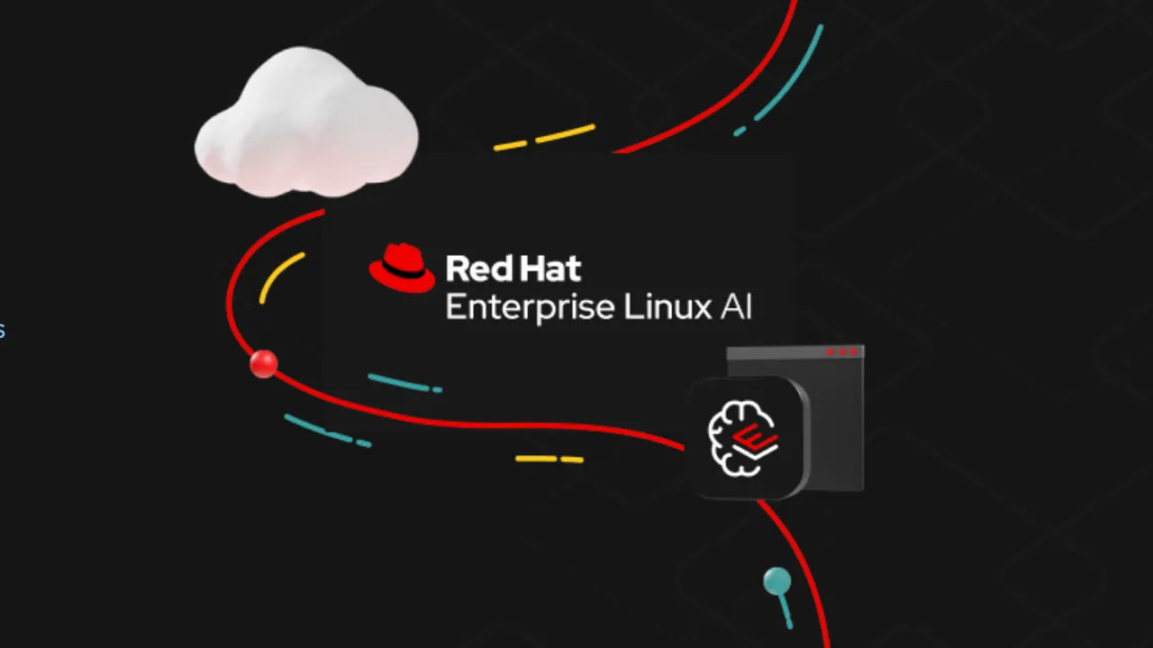 Red Hat lanza Enterprise Linux AI y es verdaderamente útil Un gráfico con el logotipo de Red Hat y el texto "Red Hat Enterprise Linux AI" en el centro, acompañado de elementos visuales que representan la nube y la inteligencia artificial. A la izquierda hay una nube blanca, y hacia la derecha aparece un icono de una ventana de software con un cerebro estilizado, simbolizando el uso de IA. Alrededor del texto y los iconos se observan líneas curvas de colores rojo, amarillo y azul, que simulan movimiento y conectividad, representando el flujo de datos en entornos híbridos.