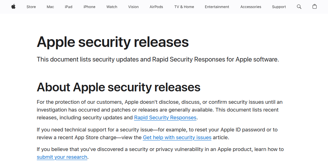 Apple actualiza macOS Sequoia para corregir vulnerabilidades críticas explotadas activamente Captura de pantalla de la página oficial de Apple sobre actualizaciones de seguridad. El encabezado dice 'Apple security releases' seguido de una descripción que indica que el documento lista actualizaciones de seguridad y respuestas rápidas de seguridad para el software de Apple. También se menciona que Apple no discute ni confirma problemas de seguridad hasta que las investigaciones estén completas y las actualizaciones estén disponibles. Incluye enlaces a temas relacionados como 'Rapid Security Responses' y cómo obtener ayuda con problemas de seguridad o reportar vulnerabilidades.