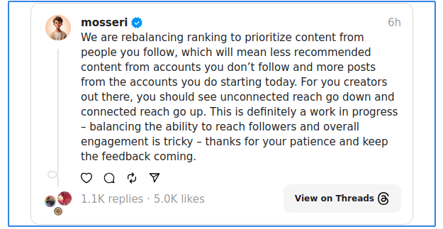 El algoritmo de Threads se enfocará más en las personas que sigues Captura de pantalla de una publicación de Adam Mosseri en Threads. El texto dice: 'We are rebalancing ranking to prioritize content from people you follow, which will mean less recommended content from accounts you don’t follow and more posts from the accounts you do starting today. For you creators out there, you should see unconnected reach go down and connected reach go up. This is definitely a work in progress – balancing the ability to reach followers and overall engagement is tricky – thanks for your patience and keep the feedback coming.' Debajo del texto, se muestran estadísticas de la publicación: 1.1K respuestas y 5.0K 'me gusta'. En la esquina inferior derecha hay un botón que dice 'View on Threads'.