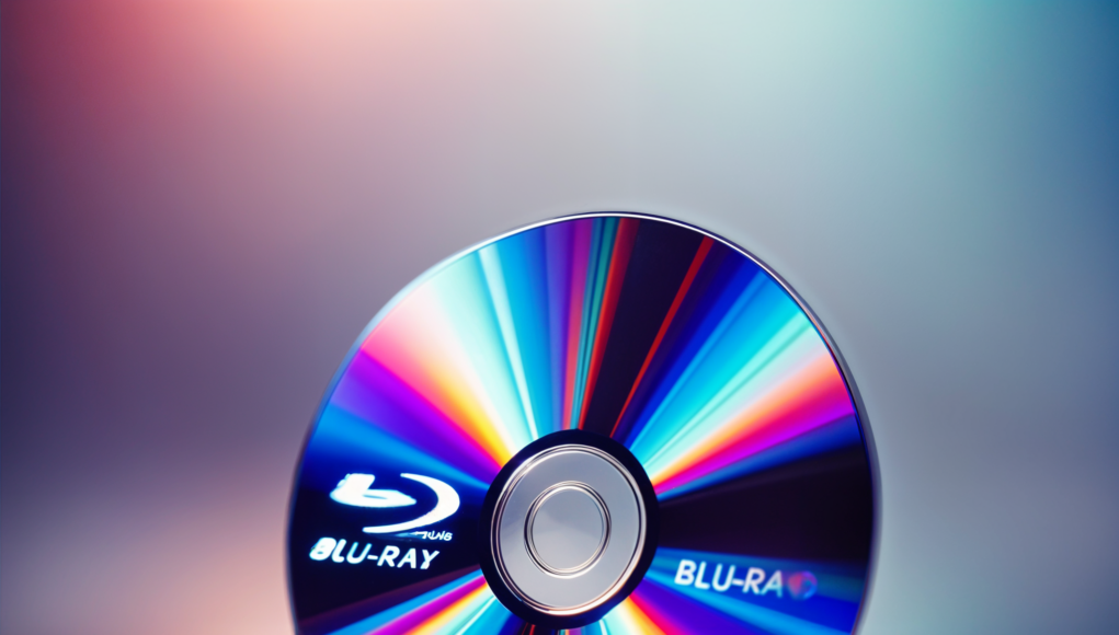 Un disco Blu-ray en primer plano, con un diseño brillante y colorido que refleja tonos vibrantes de azul, rojo, amarillo y verde sobre una superficie pulida. El logotipo de "Blu-ray" es claramente visible en el disco, destacando su característico estilo. El fondo es desenfocado, con un efecto de iluminación suave y tonalidades cálidas y frías que crean un ambiente moderno y nostálgico.