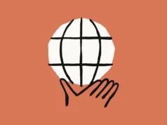 Claude ahora puede buscar en la web para mejorar sus respuestas Ilustración minimalista de un globo terráqueo sostenido por dos manos sobre un fondo color terracota. El globo está representado con líneas negras que forman una cuadrícula, simbolizando la interconexión global y la responsabilidad compartida.