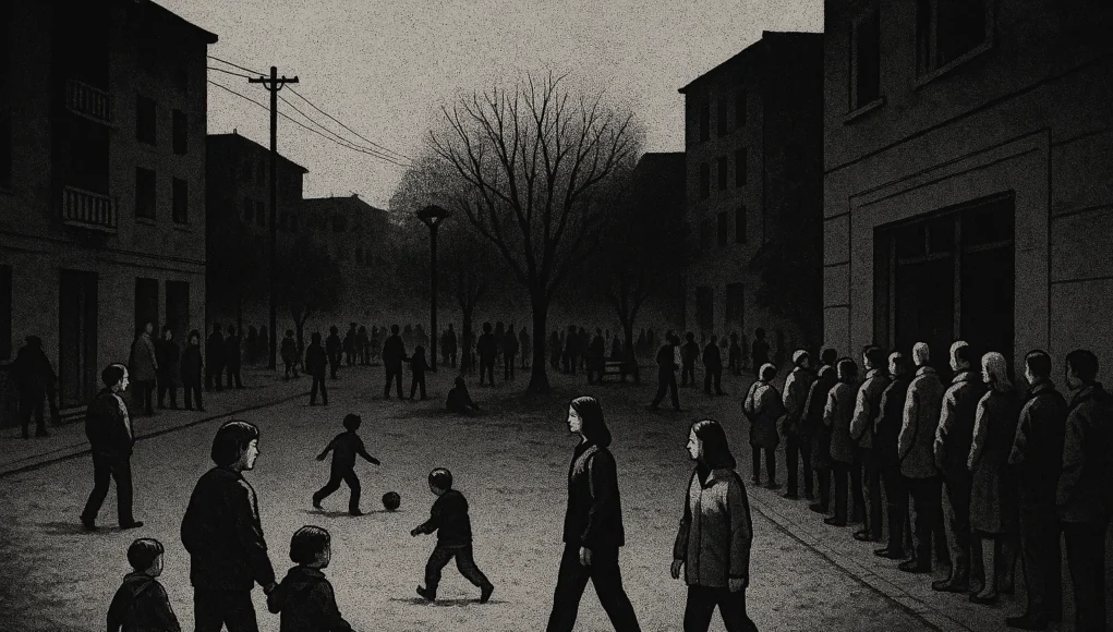 Ilustración en blanco y negro de una ciudad durante un apagón, con personas reunidas en parques, niños jugando con una pelota, adultos conversando en la calle y largas filas frente a tiendas, en un ambiente de convivencia y calma.