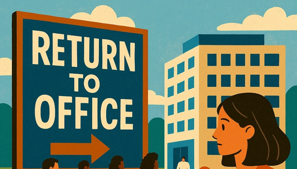 Ilustración colorida de estilo retro que muestra a empleados regresando a la oficina. Un grupo de personas camina por un sendero hacia un edificio de oficinas, mientras una mujer en primer plano sostiene una caja con una planta y una lámpara de escritorio. A la izquierda, un cartel grande dice 'RETURN TO OFFICE' con una flecha apuntando hacia el edificio.