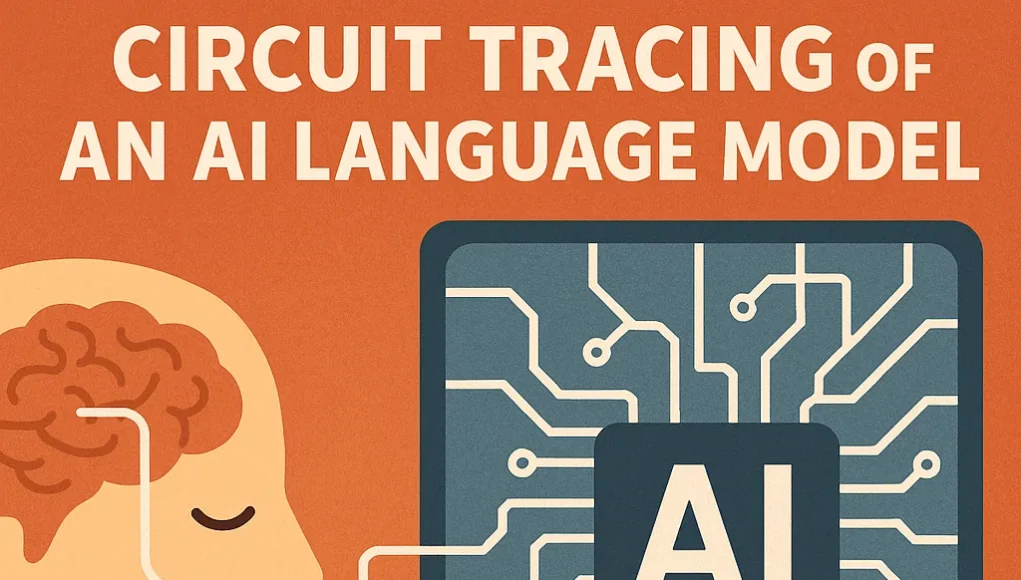 Ilustración plana en colores cálidos que representa la conexión entre un cerebro humano y un chip de inteligencia artificial. Una línea blanca conecta ambos elementos, simbolizando el flujo de pensamiento o procesamiento. En la parte superior se lee el texto: "Estamos empezando a entender cómo funcionan los LLMs, revelaciones sobre el modelo Claude", y en la parte inferior un bocadillo con la pregunta en inglés: "The opposite of small?"