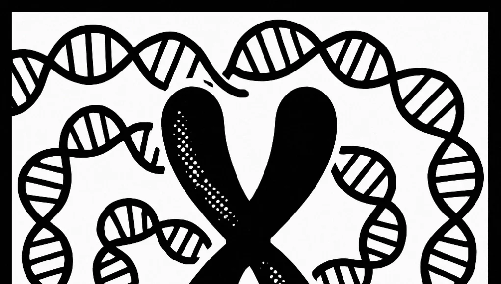 ADN Ilustración en blanco y negro de un cromosoma en forma de X en el centro, rodeado por múltiples hebras de ADN representadas como doble hélice entrelazada. Las líneas gruesas y contrastes sólidos crean una composición simétrica y estilizada que simboliza la compactación del ADN durante la división celular.