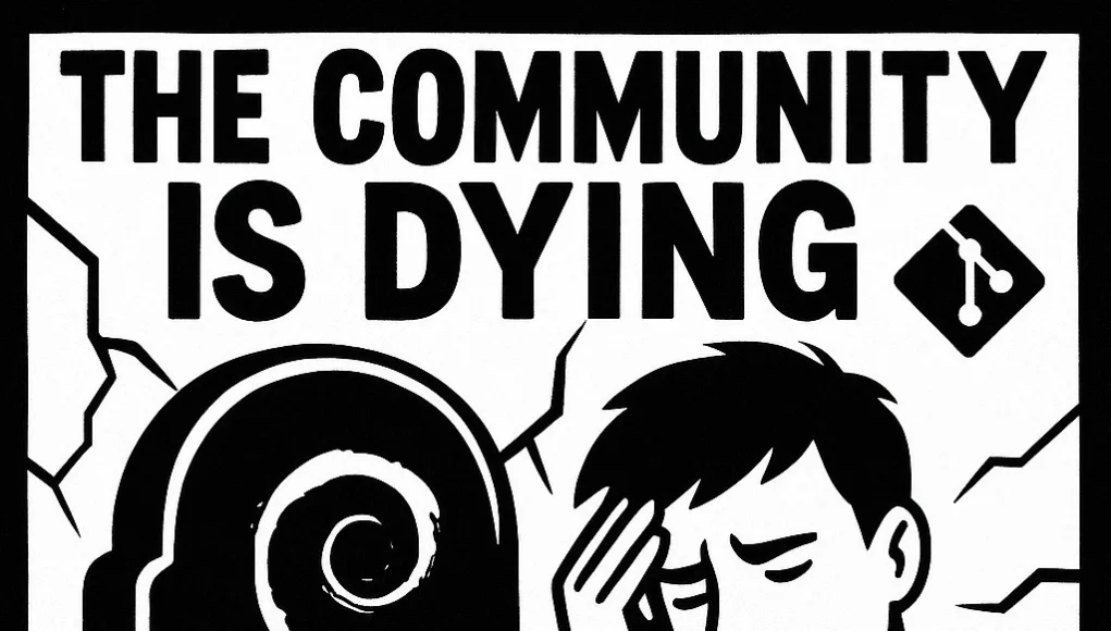 Debian Ilustración en blanco y negro que muestra a un joven con expresión preocupada junto a una lápida con el logo de Debian y la palabra 'Debian' inscrita. Encima, un gran texto dice 'THE COMMUNITY IS DYING', acompañado de un ícono de Git. El estilo es editorial, con líneas gruesas y contrastes marcados.