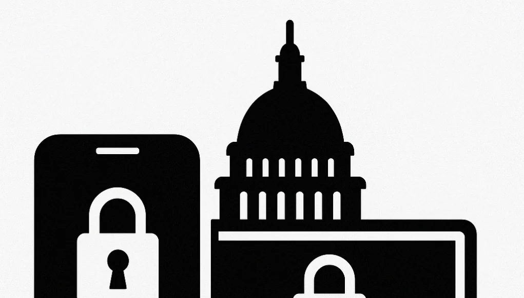 Ilustración en blanco y negro que muestra un teléfono inteligente y una laptop con íconos de candado en sus pantallas, representando dispositivos desechables y seguros. Al fondo se distingue la silueta del edificio del Capitolio de los Estados Unidos, lo que sugiere un contexto político y de ciberseguridad. El estilo es vectorial, minimalista y de alto contraste.