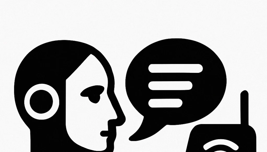 Ilustración vectorial en blanco y negro que muestra una cabeza de robot humanoide a la izquierda con un diseño elegante y minimalista. Frente a él, una burbuja de diálogo indica comunicación, y a la derecha se encuentra un altavoz inteligente con antena, ícono de Wi-Fi y una rejilla de puntos. La composición transmite la interacción entre inteligencia artificial y dispositivos de voz de forma moderna y estilizada.