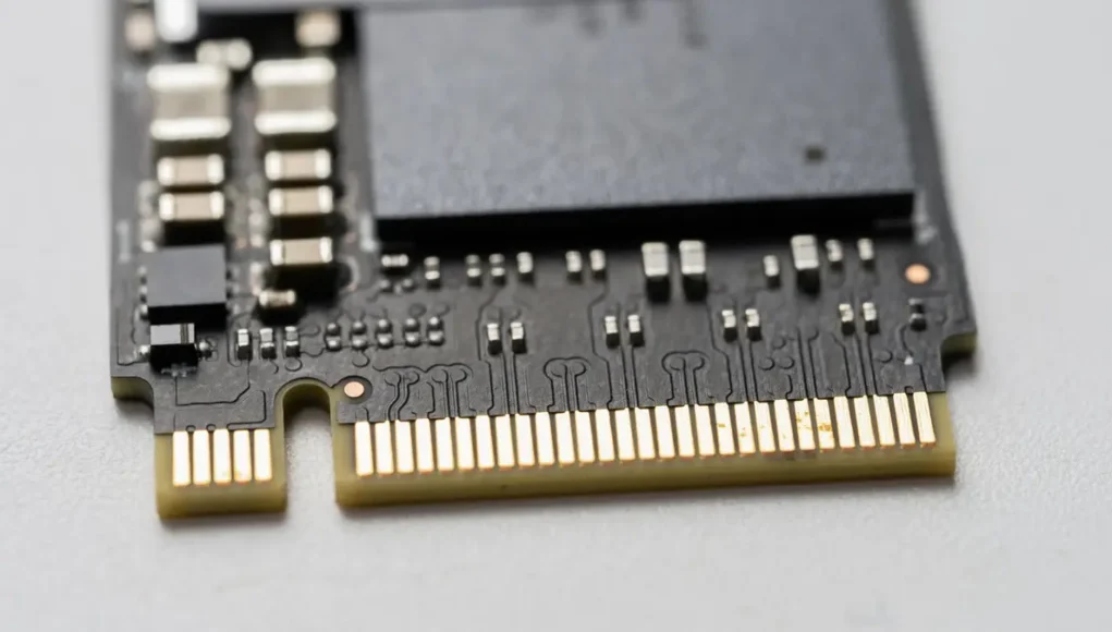 Vista en primer plano de una unidad de estado sólido (SSD) con interfaz NVMe, mostrando los conectores dorados y componentes electrónicos sobre una placa de circuito negro.