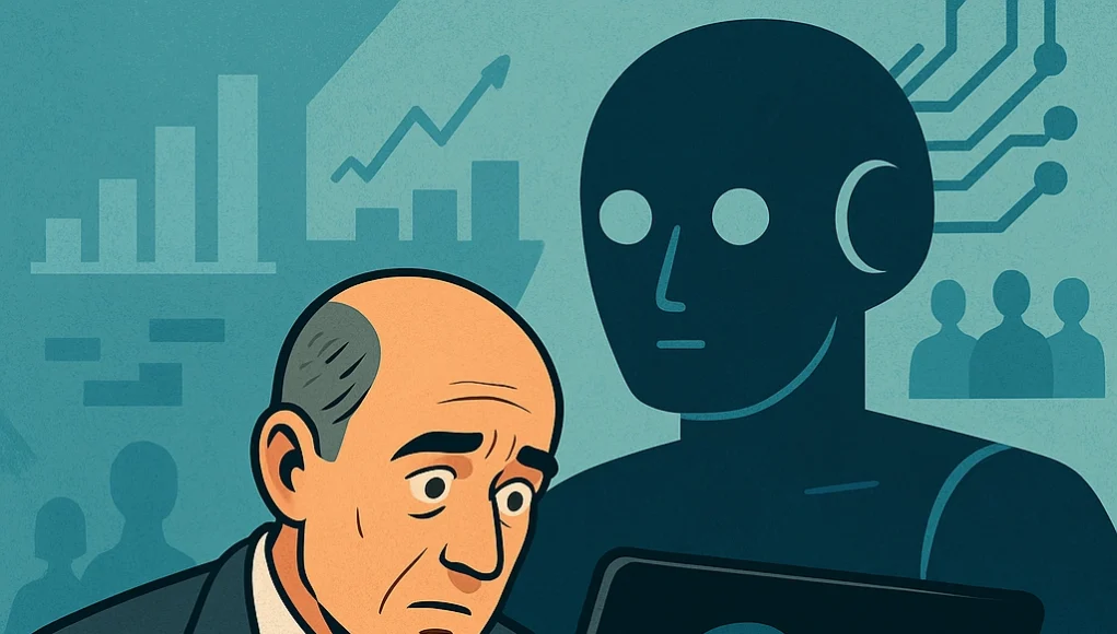 AI Jobs Ilustración digital de un hombre preocupado frente a su laptop, con la silueta de un robot detrás y gráficos en el fondo que representan el avance de la inteligencia artificial.
