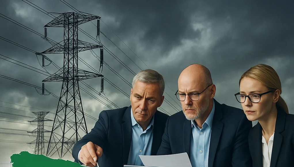 Tres expertos con traje y gesto serio analizan gráficos y mapas sobre una mesa, mientras al fondo se observa una red de torres eléctricas bajo un cielo nublado. En primer plano, un gráfico en forma de cuadrícula muestra la península ibérica destacada, con España y Portugal en rojo y una línea descendente que simboliza el colapso eléctrico ocurrido en la región.