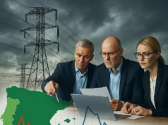 ENTSO-E inicia investigación sobre las causas del apagón en la península ibérica Tres expertos con traje y gesto serio analizan gráficos y mapas sobre una mesa, mientras al fondo se observa una red de torres eléctricas bajo un cielo nublado. En primer plano, un gráfico en forma de cuadrícula muestra la península ibérica destacada, con España y Portugal en rojo y una línea descendente que simboliza el colapso eléctrico ocurrido en la región.