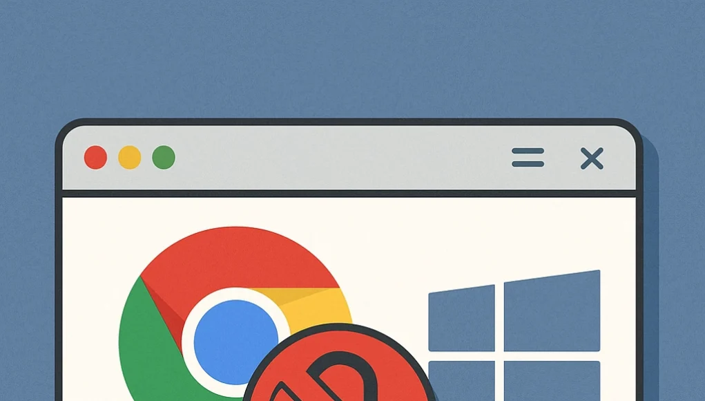 Ilustración digital en 2D que muestra una ventana del navegador Google Chrome junto al logotipo de Windows, con un símbolo de candado tachado en rojo superpuesto, representando la desactivación de los permisos de administrador para mejorar la seguridad en sistemas Windows. El fondo es azul y la composición transmite una sensación de protección y control.