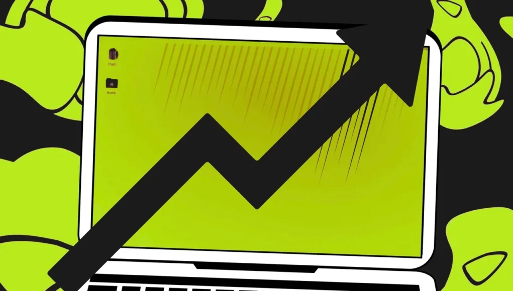 Ilustración estilizada de un portátil con fondo verde y escritorio Linux visible, donde destaca una gran flecha negra ascendente que simboliza crecimiento o éxito. Alrededor del portátil se aprecian formas abstractas en tonos verdes, aportando un estilo moderno y dinámico.