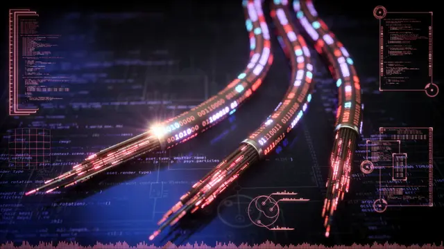 Fibra Japón Ilustración digital de tres cables de datos con luces y códigos binarios fluyendo a través de ellos, representando la transferencia de información en una red sobre un fondo oscuro con elementos gráficos tecnológicos.