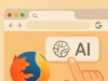 Firefox prueba un motor de búsqueda potenciado por inteligencia artificial en su navegador Ilustración en estilo plano de una interfaz de navegador web con el logotipo de Firefox. Una mano apunta hacia un botón que muestra el ícono de una inteligencia artificial y las letras "AI", simbolizando la integración de herramientas de búsqueda impulsadas por IA en el navegador.