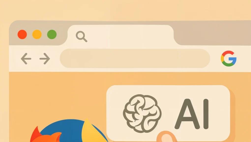 Ilustración en estilo plano de una interfaz de navegador web con el logotipo de Firefox. Una mano apunta hacia un botón que muestra el ícono de una inteligencia artificial y las letras "AI", simbolizando la integración de herramientas de búsqueda impulsadas por IA en el navegador.