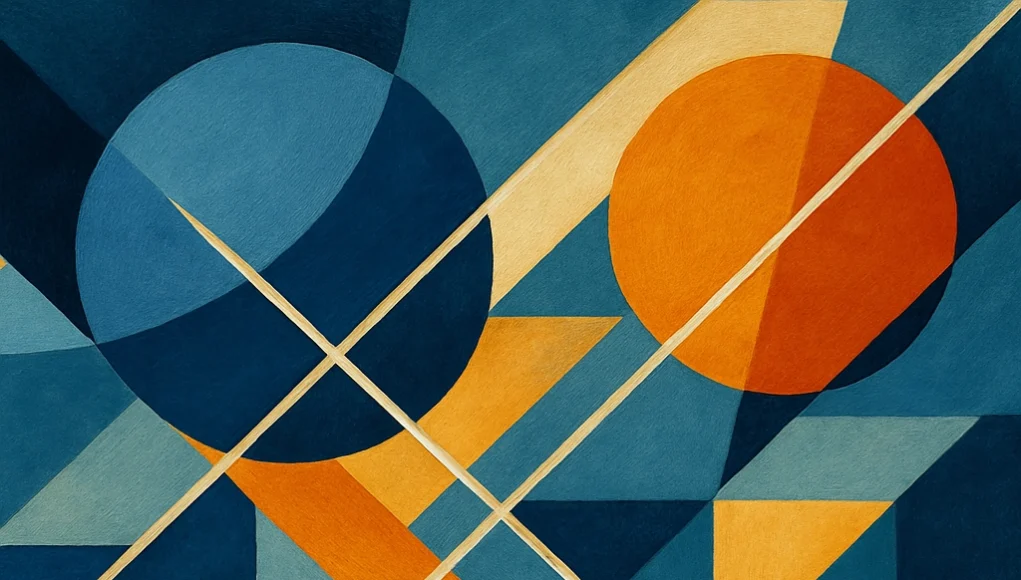 Composición abstracta de formas geométricas en tonos azul, naranja y beige. La imagen presenta dos círculos grandes en los extremos superior izquierdo y superior derecho, atravesados por líneas diagonales que cruzan el lienzo. Diversas figuras como triángulos, rectángulos y trapecios se interconectan, generando un patrón dinámico que sugiere movimiento y complejidad, evocando una sensación tecnológica y estructurada.