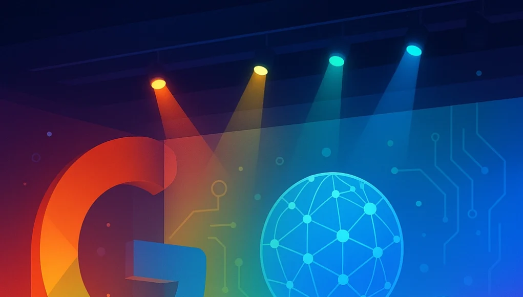 Google IO 2025 Ilustración digital de un escenario futurista iluminado con focos en colores de Google; a la izquierda destaca una “G” gigante y, al fondo, un globo holográfico con nodos que simboliza la IA y la conectividad.