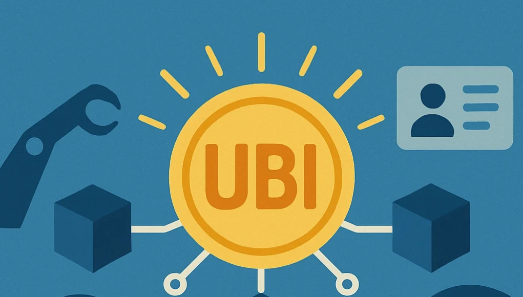 Ilustración digital en estilo plano que representa el concepto de Renta Básica Universal (UBI). En el centro, una moneda dorada con las siglas "UBI" conectada a varios bloques, simbolizando tecnología y descentralización. Alrededor hay figuras humanas, un brazo robótico, un escudo con una marca de verificación, un documento de identidad y el planeta Tierra, destacando temas de automatización, seguridad, identidad digital y alcance global.