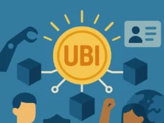 Meta Earth presenta un modelo de ingreso básico universal basado en blockchain Ilustración digital en estilo plano que representa el concepto de Renta Básica Universal (UBI). En el centro, una moneda dorada con las siglas "UBI" conectada a varios bloques, simbolizando tecnología y descentralización. Alrededor hay figuras humanas, un brazo robótico, un escudo con una marca de verificación, un documento de identidad y el planeta Tierra, destacando temas de automatización, seguridad, identidad digital y alcance global.