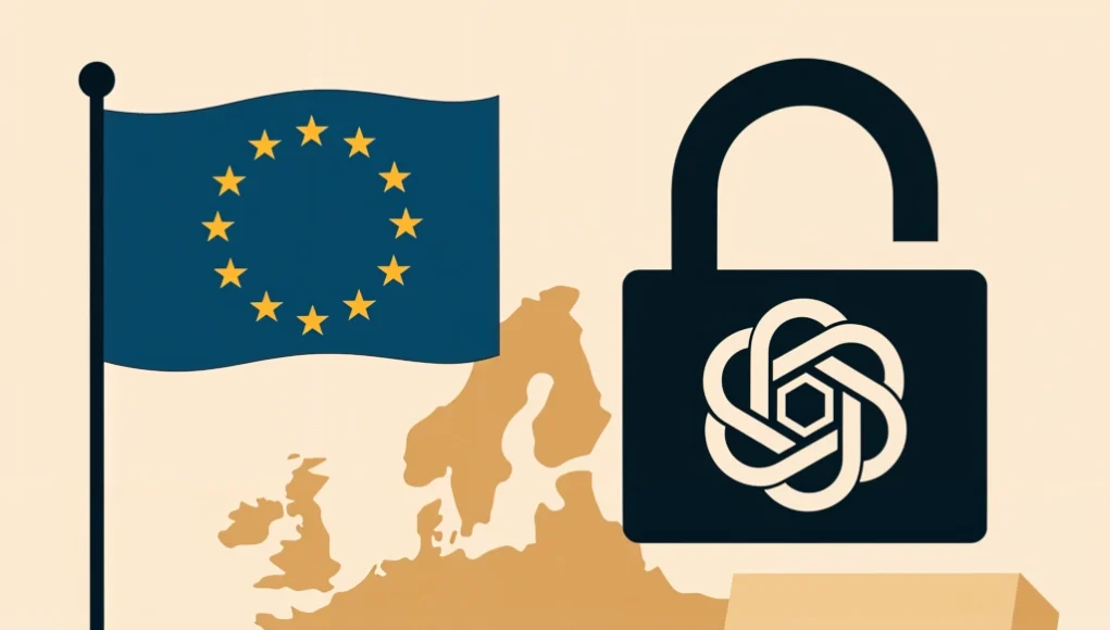 Ilustración plana que representa la soberanía digital europea. Incluye un mapa del continente europeo, una bandera de la Unión Europea, un candado con un ícono de inteligencia artificial en su interior y un documento con el símbolo de código abierto, todo en una paleta de colores sobria.