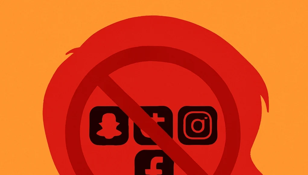 Ilustración de perfil de un niño en rojo sobre fondo naranja, con un símbolo de prohibición que cubre íconos de redes sociales como Snapchat, TikTok, Facebook e Instagram dentro de su cabeza.