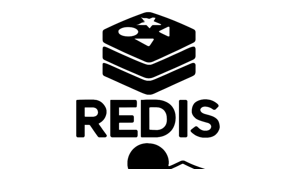 Ilustración en blanco y negro: en la parte superior, el icono de la base de datos en memoria Redis; debajo, la palabra ‘REDIS’ en mayúsculas; y en la parte inferior, una figura humana simplificada de pie sosteniendo un escudo con la inscripción ‘AGPL v3’, todo en trazos sólidos y alto contraste.
