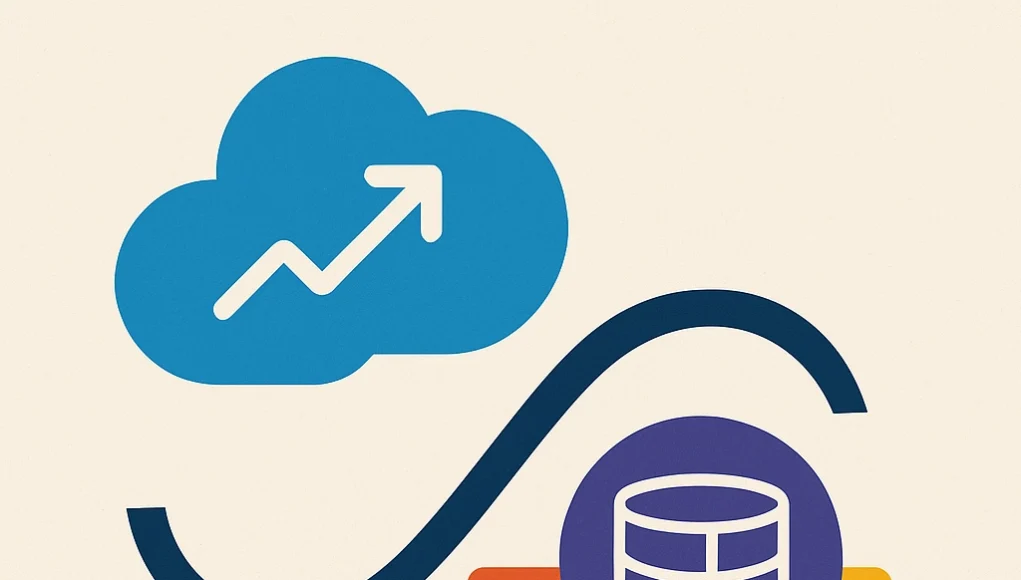 Ilustración abstracta y minimalista que representa la fusión tecnológica entre Salesforce e Informatica. Incluye un ícono de nube azul con una flecha ascendente, una línea curva oscura que conecta con un símbolo de base de datos sobre formas geométricas en rojo, naranja y púrpura, todo sobre un fondo claro.