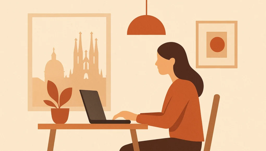 Ilustración minimalista de una mujer trabajando desde casa con un portátil sobre una mesa, frente a una ventana con vistas a una ciudad reconocible por la silueta de la Sagrada Familia, en un ambiente cálido y sereno.