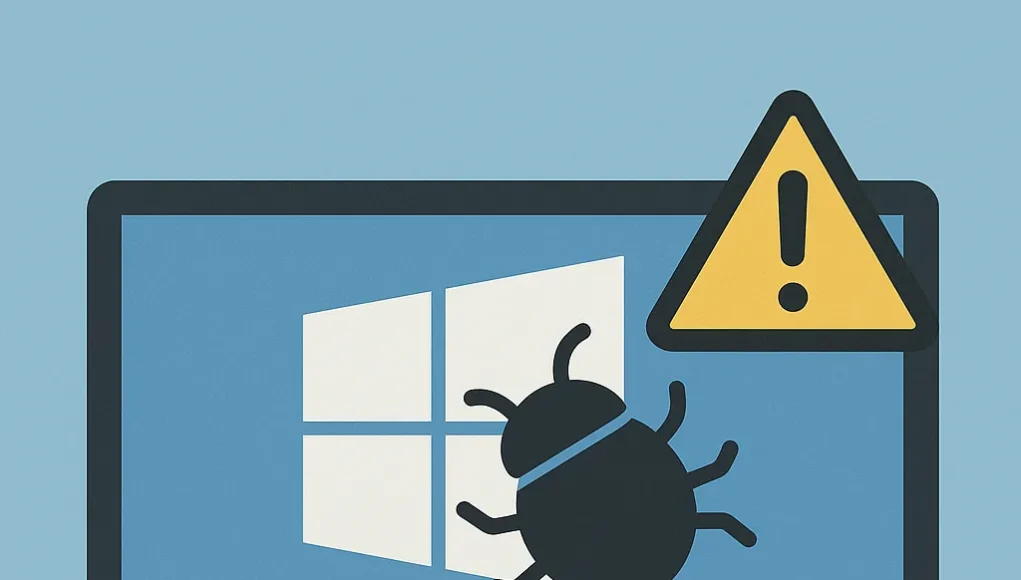 Ilustración digital en 2D de un monitor de ordenador con el logotipo de Windows en la pantalla, sobre el cual aparece un icono de insecto negro que representa un bug. En la esquina superior derecha del monitor se muestra un triángulo amarillo con un signo de exclamación, indicando una advertencia o fallo crítico. El fondo es azul claro y el estilo es plano y minimalista.