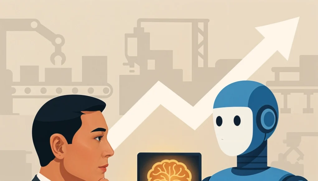 Ilustración digital de un robot azul mostrando una tableta con el texto "GEN AI" y el ícono de un cerebro iluminado, mientras un hombre de traje lo observa pensativo. Al fondo, se ven siluetas de fábricas, robots industriales y una flecha ascendente, representando el impacto del uso de inteligencia artificial generativa en la industria manufacturera.