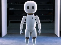 Cartwheel Robotics y su enfoque en robots humanoides que la gente amará Robot humanoide pequeño de cuerpo blanco y diseño amigable, con cabeza redonda, ojos negros expresivos y extremidades articuladas, de pie sobre un suelo de baldosas en un entorno interior iluminado, frente a una zona oscura con estanterías al fondo.
