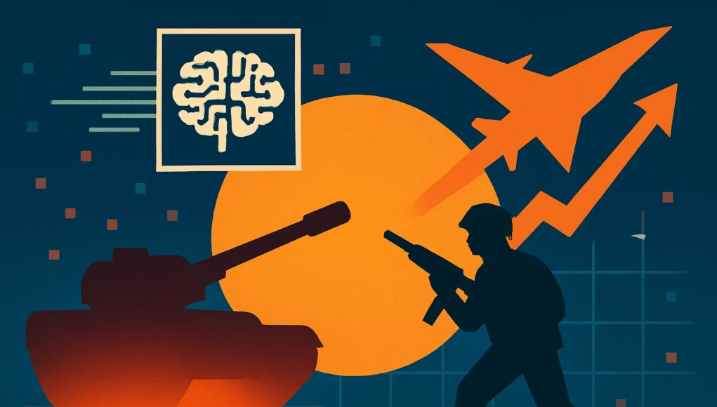 Ilustración conceptual que representa el uso de inteligencia artificial en contextos militares. En primer plano se muestran las siluetas de un tanque, un soldado armado y un avión de combate. Sobre el fondo, una imagen estilizada de un cerebro dentro de un recuadro simboliza la inteligencia artificial. Un gráfico de flecha ascendente sugiere aumento o escalada. Los tonos predominantes son naranja y azul, con elementos de diseño que evocan tecnología y estrategia.