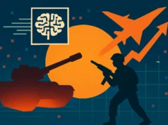 Lockheed Martin lanza ‘AI Fight Club’ para probar algoritmos de inteligencia artificial en aplicaciones militares Ilustración conceptual que representa el uso de inteligencia artificial en contextos militares. En primer plano se muestran las siluetas de un tanque, un soldado armado y un avión de combate. Sobre el fondo, una imagen estilizada de un cerebro dentro de un recuadro simboliza la inteligencia artificial. Un gráfico de flecha ascendente sugiere aumento o escalada. Los tonos predominantes son naranja y azul, con elementos de diseño que evocan tecnología y estrategia.