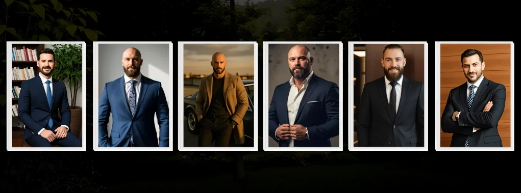 Collage de cuatro retratos de hombres vestidos con traje en distintos entornos profesionales y elegantes. Tres de ellos son calvos con barba bien recortada, y uno tiene el cabello peinado hacia atrás con barba completa. Todos proyectan una imagen de seriedad, confianza y estilo ejecutivo.