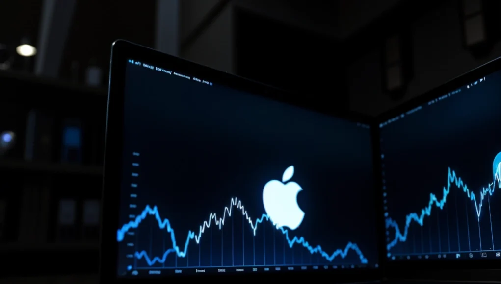 Dos pantallas de ordenador portátil con gráficos bursátiles en color azul sobre fondo oscuro, mostrando fluctuaciones del mercado con el logotipo de Apple en el centro, representando el rendimiento financiero de la empresa tecnológica.