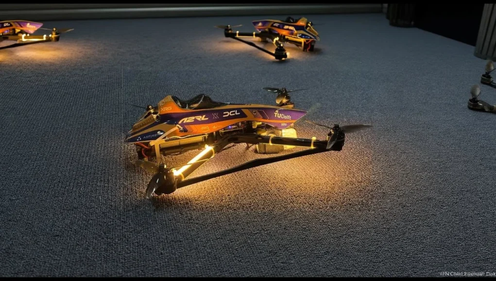Fotografía de varios drones de carreras iluminados, alineados sobre una superficie de alfombra gris. Los drones tienen un diseño aerodinámico con carenado en tonos morado, naranja y azul, y luces LED cálidas en sus brazos. Se observan logotipos de patrocinadores como "TU Delft", "DCL", "AWS" y "DJI". La imagen transmite una atmósfera tecnológica y competitiva, posiblemente en preparación para una carrera en interiores.