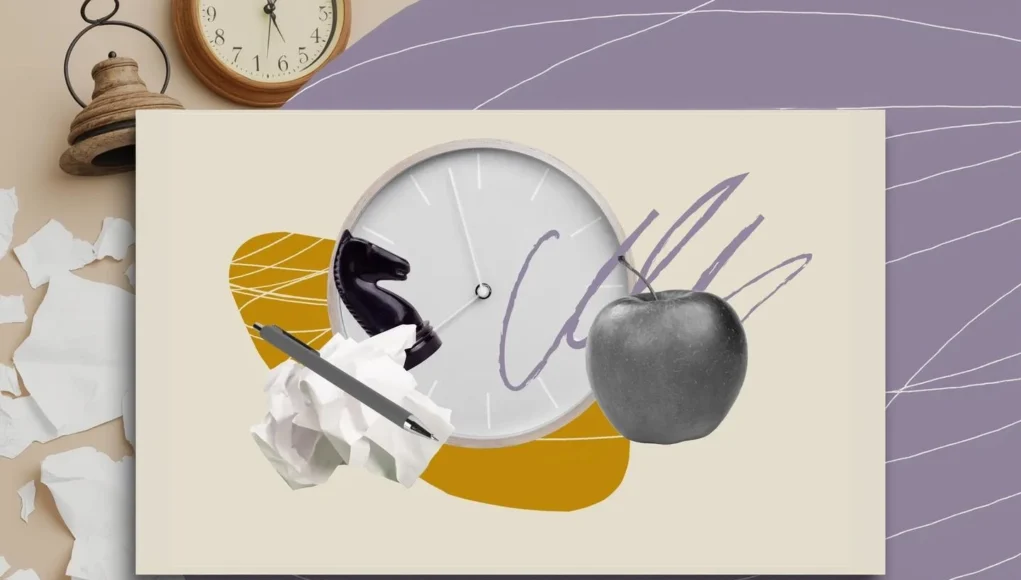 Collage con un reloj de pared blanco en el centro, una figura de caballo de ajedrez negro, una hoja de papel arrugada con un bolígrafo, una manzana en escala de grises y trazos artísticos en tonos púrpura y mostaza. La composición sugiere ideas relacionadas con la creatividad, el pensamiento estratégico y la gestión del tiempo.