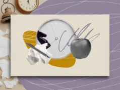 La IA puede ahorrar seis semanas de trabajo al año a los profesores Collage con un reloj de pared blanco en el centro, una figura de caballo de ajedrez negro, una hoja de papel arrugada con un bolígrafo, una manzana en escala de grises y trazos artísticos en tonos púrpura y mostaza. La composición sugiere ideas relacionadas con la creatividad, el pensamiento estratégico y la gestión del tiempo.