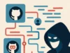 Descubren más de 100 repositorios maliciosos en GitHub creados por un solo usuario Sobre fondo crema, dos iconos de GitHub en recuadros azules están conectados por líneas de código en tonos rojos y azules que confluyen en un gancho de phishing rojo; a la derecha, la silueta oscura y encapuchada de un atacante sonriente.