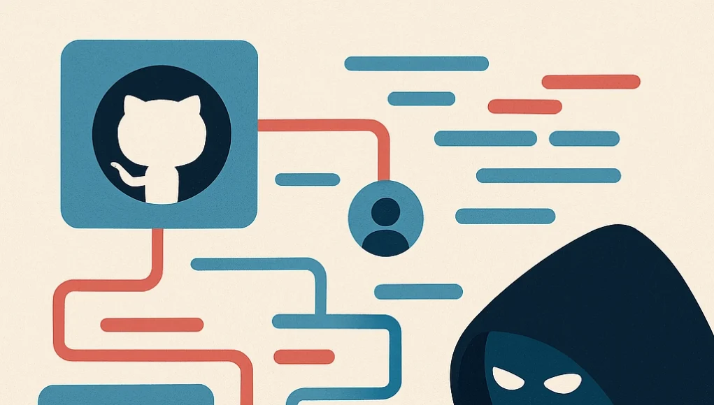 Sobre fondo crema, dos iconos de GitHub en recuadros azules están conectados por líneas de código en tonos rojos y azules que confluyen en un gancho de phishing rojo; a la derecha, la silueta oscura y encapuchada de un atacante sonriente.