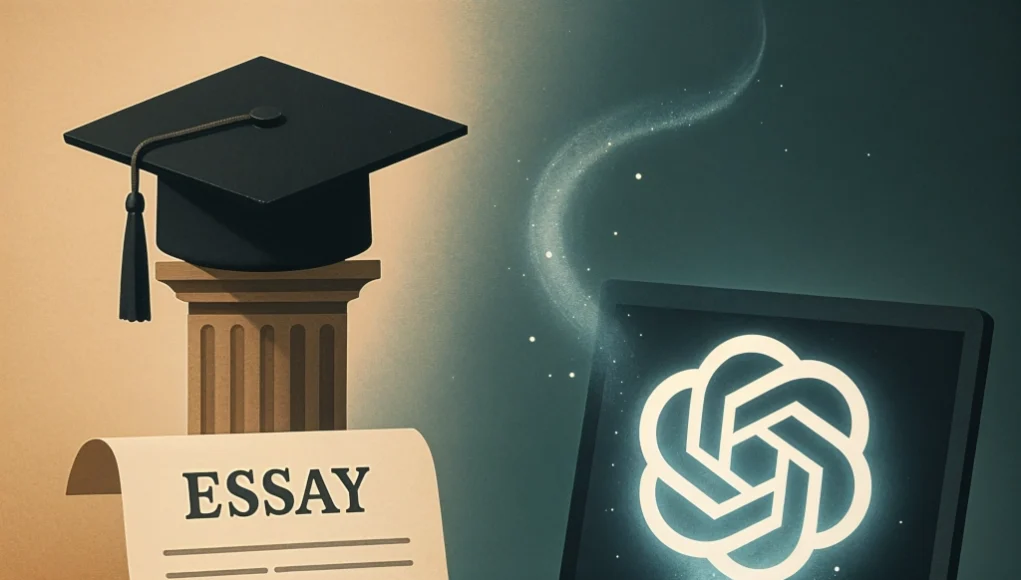 Ilustración dividida en dos mitades: a la izquierda, un birrete universitario sobre una columna clásica y un ensayo manuscrito con pluma; a la derecha, una laptop encendida con el logo de ChatGPT brillando, conectada mágicamente al texto, simbolizando el papel de la inteligencia artificial en la redacción académica y el debate sobre el fin del ensayo tradicional.