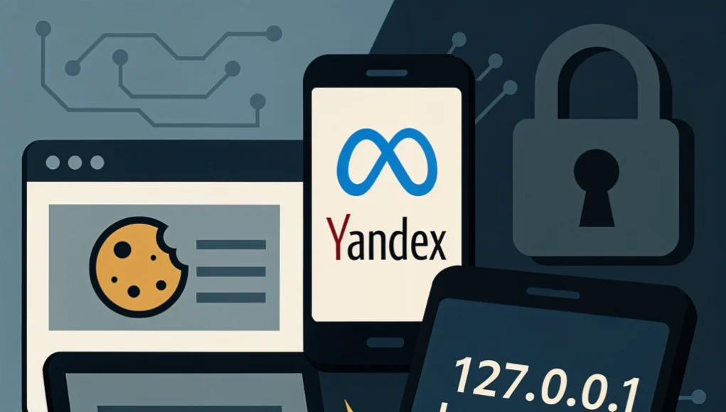 Meta Ilustración conceptual sobre privacidad digital con iconos de seguridad, cookies, dispositivos móviles y referencias a Yandex, Meta y la dirección 127.0.0.1, representando temas de rastreo, redes locales y protección de datos.