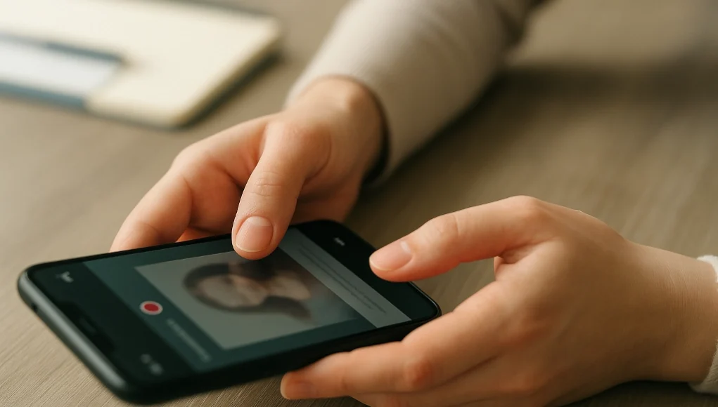 Meta CrushAI Lawsuit Primer plano de unas manos sosteniendo un teléfono móvil sobre una mesa de madera. La pantalla del dispositivo muestra una imagen borrosa de un rostro con un botón rojo de grabación visible. Al fondo, fuera de foco, se distingue un cuaderno claro. La escena está iluminada con luz natural cálida.