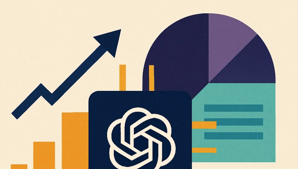 OpenAI O3 Precios Ilustración digital abstracta y geométrica que representa la optimización de modelos de inteligencia artificial. En el centro, un chip con el logotipo de OpenAI conectado a elementos visuales como gráficos de barras ascendentes, una flecha hacia abajo y diagramas circulares, simbolizando el aumento del rendimiento y la reducción de costes. Los colores predominantes son azul, naranja y verde agua, con un fondo beige claro que resalta las formas.