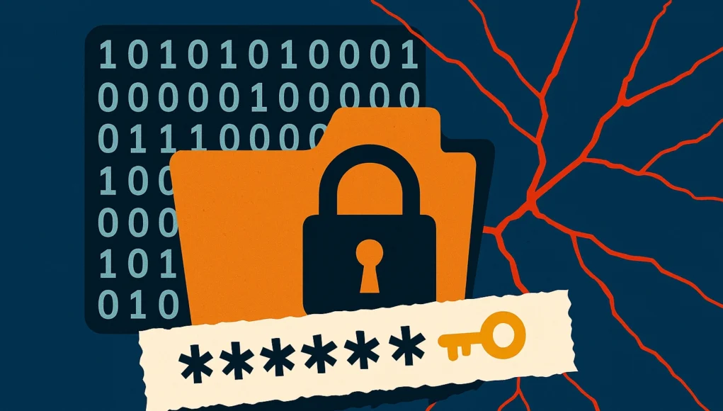 Ilustración conceptual de ciberseguridad con una carpeta cerrada con candado, una cadena de asteriscos representando una contraseña y una llave dorada. De fondo, un patrón de números binarios y líneas rojas en forma de grietas simbolizan un posible ataque o brecha de seguridad.