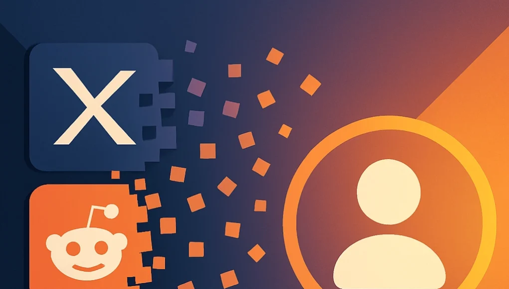 Ilustración abstracta en estilo digital plano que representa la migración desde redes sociales centralizadas hacia una identidad digital unificada. A la izquierda se muestran los logotipos de X (antes Twitter), Reddit e Instagram, que se disuelven en pequeños cuadros de colores. Estos cuadros se dirigen hacia la derecha, donde hay un icono circular de perfil humano, simbolizando una identidad digital personal. El fondo tiene un degradado de tonos azul oscuro a naranja cálido, sugiriendo transición y evolución tecnológica.