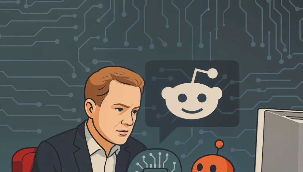 Ilustración digital profesional de un hombre de traje sentado en una oficina, sosteniendo una figura en forma de cabeza con un símbolo de inteligencia artificial (AI) y circuitos. Frente a él, un robot naranja sonriente con forma similar al logo de Reddit. Al fondo, un gran icono del alienígena de Reddit dentro de un bocadillo, sobre un fondo azul oscuro con patrones de circuitos tecnológicos. A la derecha, un monitor y teclado completan la escena tecnológica.